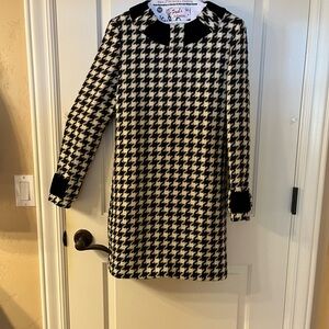 Vintage Carolina Herrera Black and White Houndstooth Dress w/ Black Velvet Trim